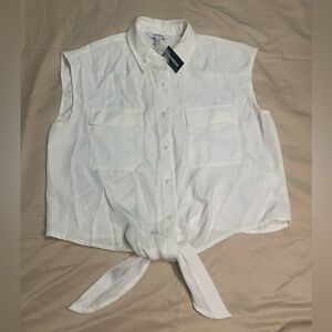 Express White Sleeveless Crop Button Down Shirt